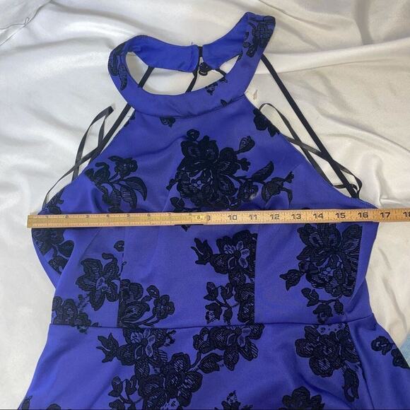 B Darlin dress Flocked Velvet Floral Fit & Flare mini SZ 11/12 black/blue skater - Picture 11 of 16